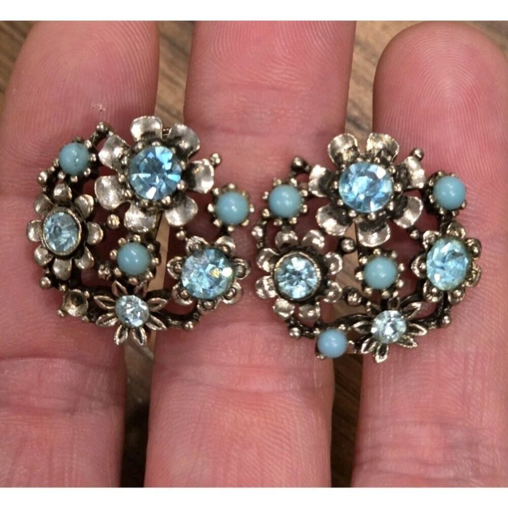 Vtg Lisner Earrings Signed Screw Back Blue Rhinestone Faux Pearl As Is - Picture 1 of 11